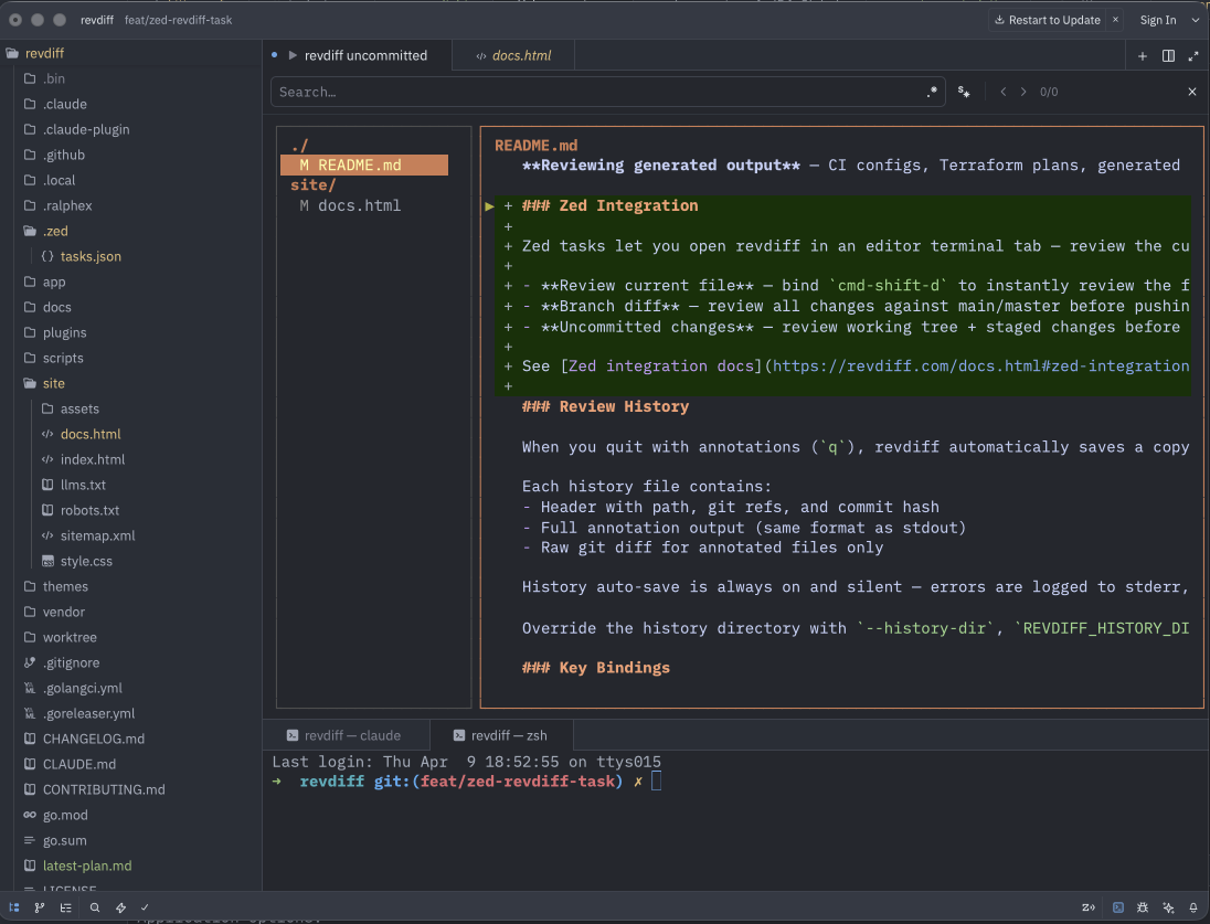 Reviewing a README diff in Zed's integrated terminal
