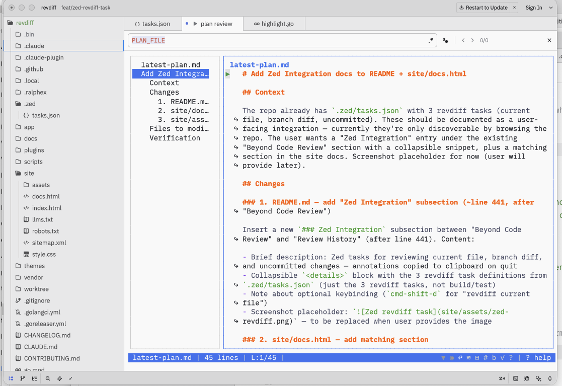 Reviewing an implementation plan in revdiff inside Zed